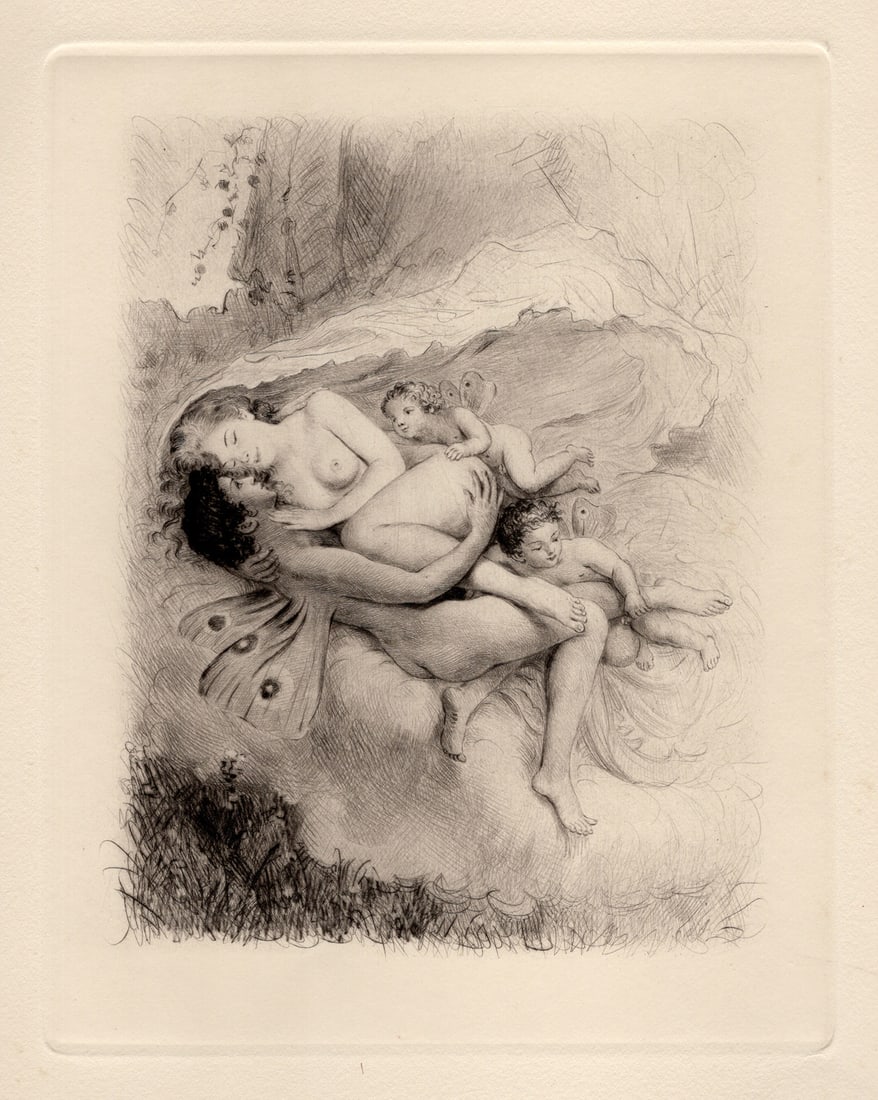 Cupid and Psyche Original 1955 Paul-Emile Becat Limited Drypoint Framed: Paul-emile Becat (French, 1885 - 1960). Cupid and Psyche V. Original drypoint etching on wove paper. Year: 1955. 282 limited edition of 670. Publisher Les Heures Claires, Paris. 6 1/2 x 8 1/4 inches.