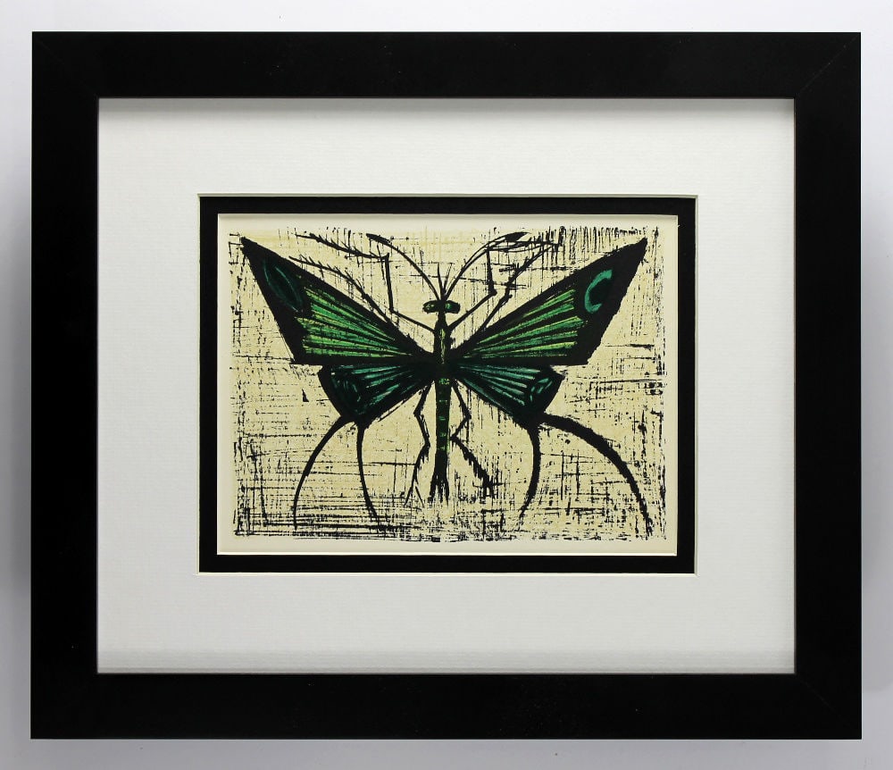 Bernard Buffet Green Butterfly 1967 lithograph: Bernard Buffet. (1928-1999). Green Butterfly. Color Lithograph on Wove Paper after the Original. 1967. Excellent. Image Size - 6 1/2 x 8 7/8 inches. Approximately 15 x 17 inches This artwork is accomp