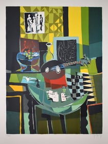 Marcel Mouly Hand signed Lithograph Mandolin on Game Table