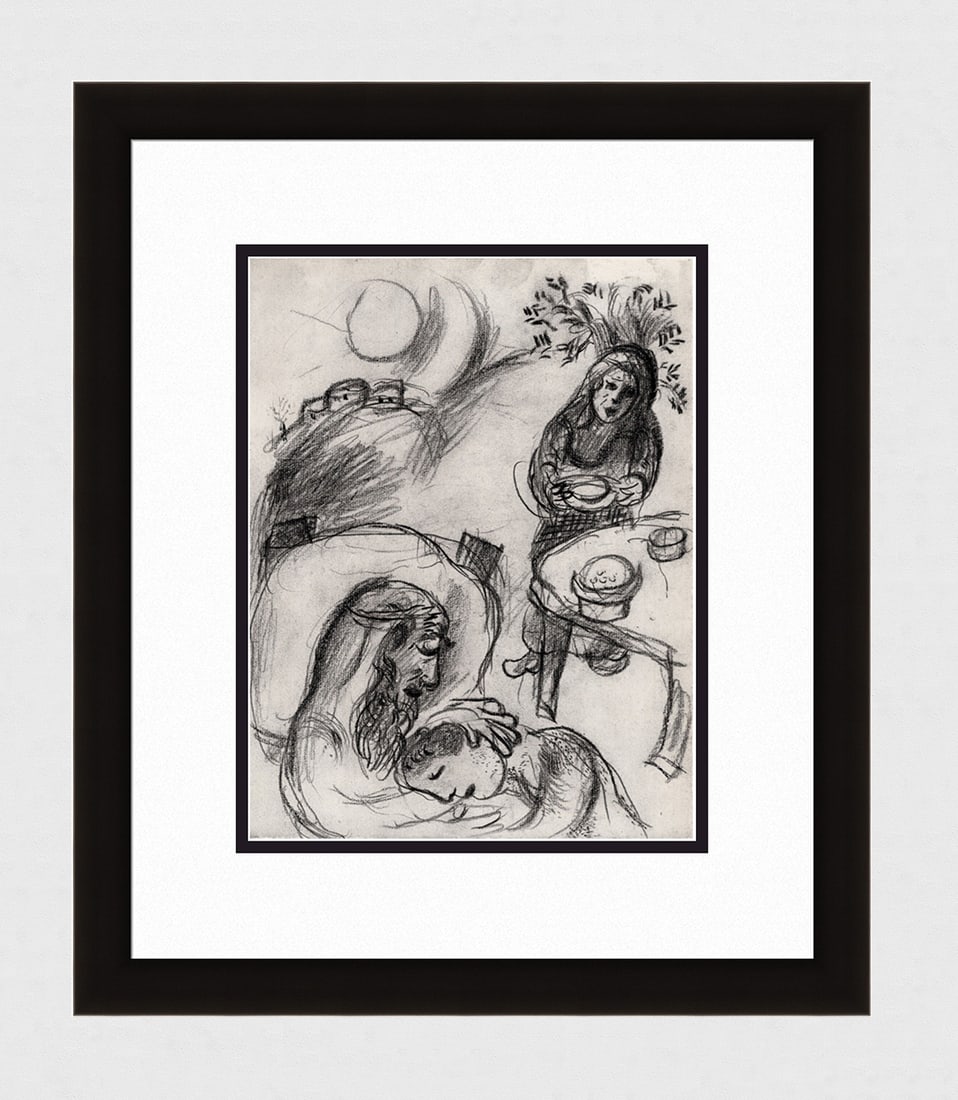 Religious 1960 Marc CHAGALL Antique Print Jacob's Blessing Framed: Marc Chagall (1887-1985). Rebekah causes Jacob to blessed by Issac. Antique black and white heliogravure on wove paper. Year: 1960. Teriade. Draeger Freres. Limited to 6500 Examples. Image size 9 3/4