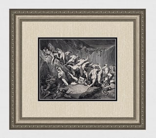 1800s Gustave DORE SIGNED Enferno Woodcut Dreadful Swarm of Serpents FRAMED