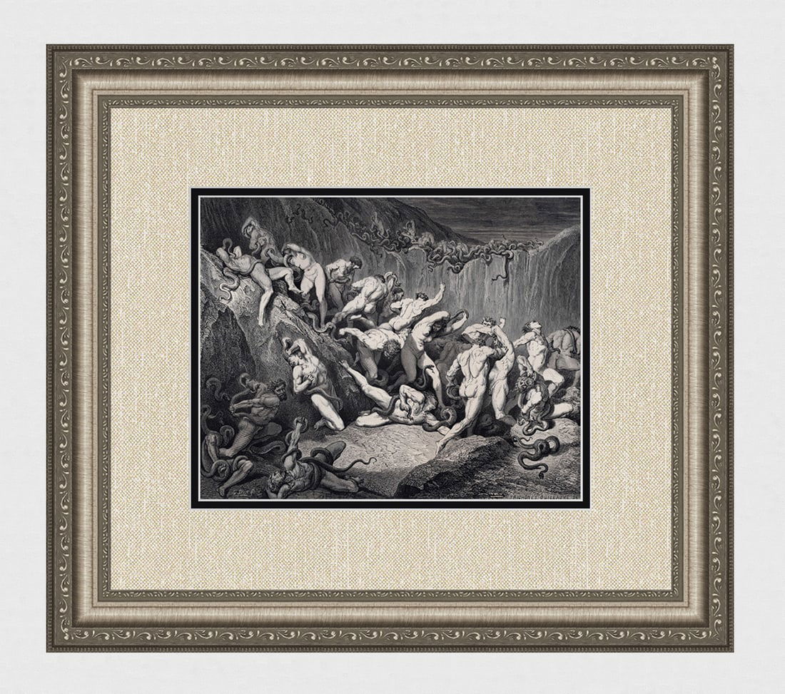 1800s Gustave DORE SIGNED Enferno Woodcut Dreadful Swarm of Serpents FRAMED: Gustave Dore (Paul Gustave Louis Christophe Dore) (French, 1832-1883). Chant 25, A Dreadful Swarm of Serpents (Divine Comedy, Enferno). Antique woodcut wove paper after the original by a master wood e