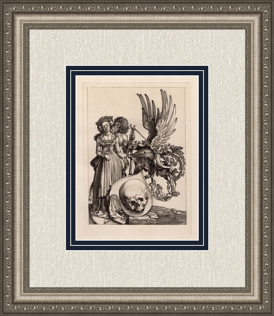 1879 Albrecht Durer Coat of Arms w/ Skull engraving signed: Albrecht Durer (1471 - 1528). "Coat of Arms with a Skull". Antique Copper plate engraving on laid paper executed by Amand Durand (1831-1905). 1879. Signed/Dated in the plate, lower center, right. Exce
