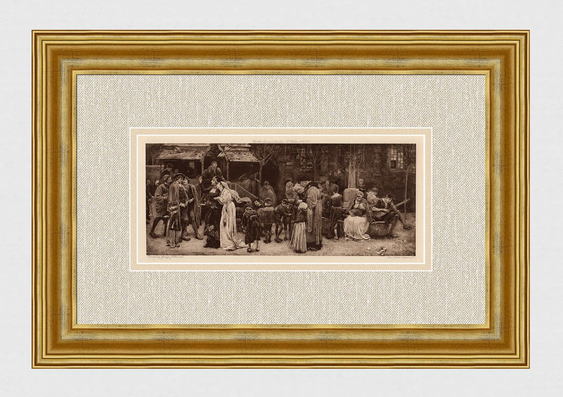 George John Pinwell 1800s Engraving The Elixir of Love Framed Signed: George John Pinwell RWS (British, 1842 - 1875). The Elixir of Love. Antique engraving on wove paper after the original by master engraver Charles Cousin (French, 1807-1887). Year: 1898. Signed in the