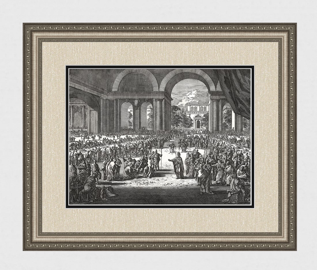 1747 Monumental Engraving Jan Luyken The Royal Wedding Framed: Jan Luyken (Dutch, 1649 - 1712). The Parable of the Royal Wedding. Antique engraving on laid paper. Year: 1747. Publisher: Frans Houtteyn. Reference: Hollstein / Dutch and Flemish etchings, engravings