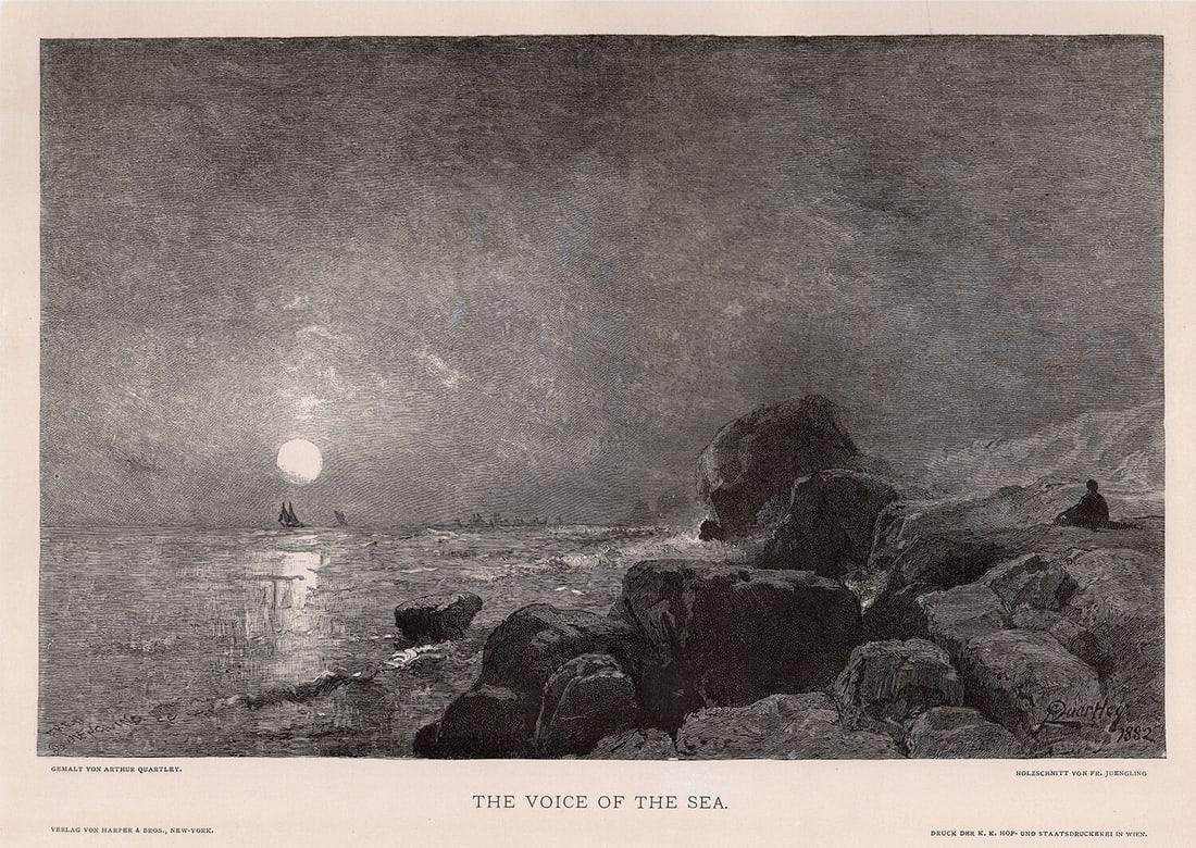 1887 Arthur Quartley The Voice of the Sea woodcut signed: Arthur Quartley. (American, 1839-1886). The Voice of the Sea. Antique woodcut on wove paper after the original painting by master wood engraver Frederick Juengling (German, 1846-1889). 1887. Signed in