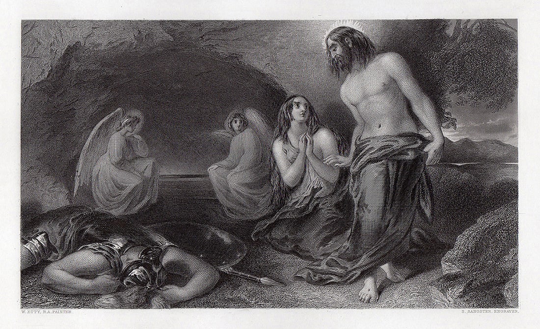 1853 William Etty The Sepulchre Engraving signed: William Etty. (English, 1787 - 1849).The Sepulchre. Antique engraving on wove paper after the original by Master Engraver S. Sangster (19th Cent.). 1853. Signed in the plate. Excellent. Image size 6 3