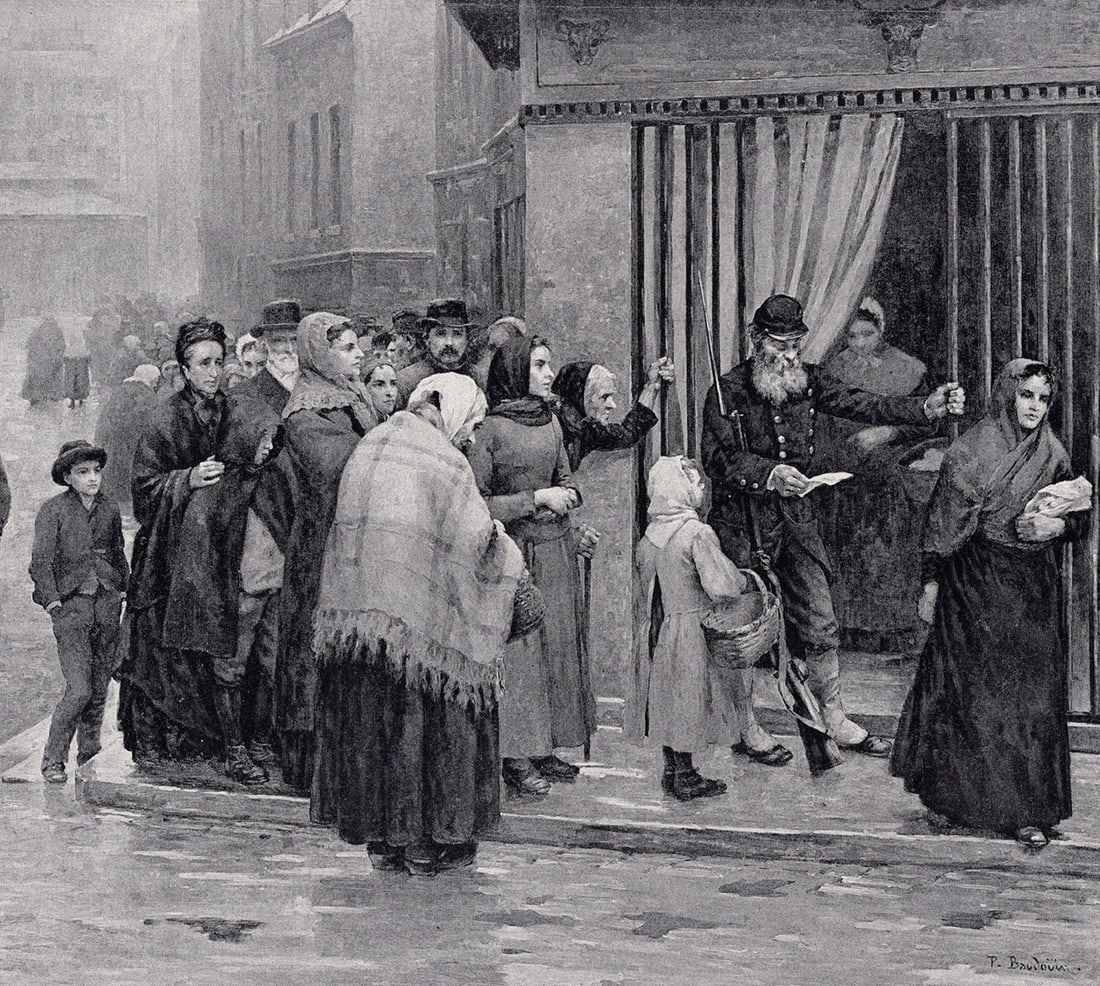 Pierre-Antoine Baudouin 1800s Antique Print Siege of Paris SIGNED Framed: Paul-Albert Baudouin (French, 1844-1931). During The Siege of Paris, 1871. Antique print after the original. Year: c. 1890. Signed in the plate, lower right. Image Size 8 5/8 x 9 1/4 inches. Framed di