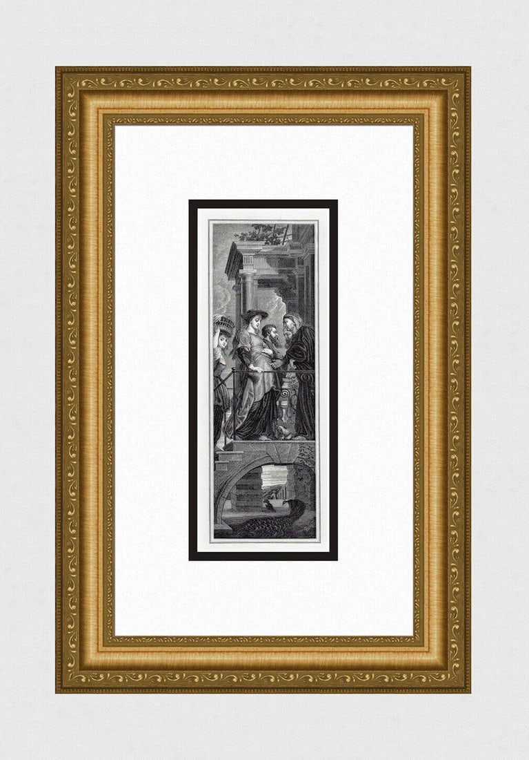 Sir Peter Paul Rubens The Visitation 1862 Engraving Signed: Sir Peter Paul Rubens. The Visitation. Antique engraving on wove paper after the original by master engraver J Hebert. 1862. Signed in the plate. Image Size 3 3/8 x 10 inches. Framed dimensions: Appro