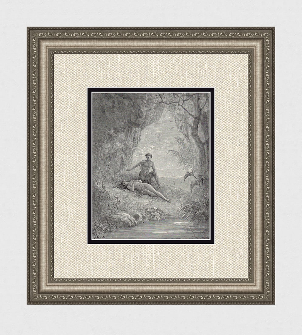 Gustave Dore Adam and Eve in Garden of Eden (Milton's Paradise Lost) c. 1880 Wood Engraving Signed: Gustave Dore (Paul Gustave Louis Christophe Dore) (French, 1832-1883). Adam and Eve: Love Story in the Garden of Eden (Milton's Paradise Lost). Antique Wood Engraving on wove paper after the original