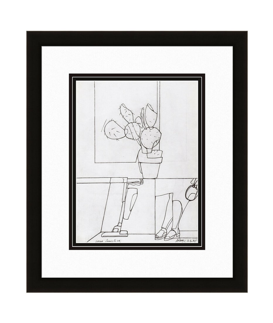 Valerio Adami Scena Domestica (Domestic Scene) 1975 Print Signed: Valerio Adami. Scena Domestica (Domestic Scene). Antique heliogravure on wove paper after the original drawing. 1975. Signed in the plate. Maeght. Reference: DLM 214. Sheet size 11 x 15 inches. Framed