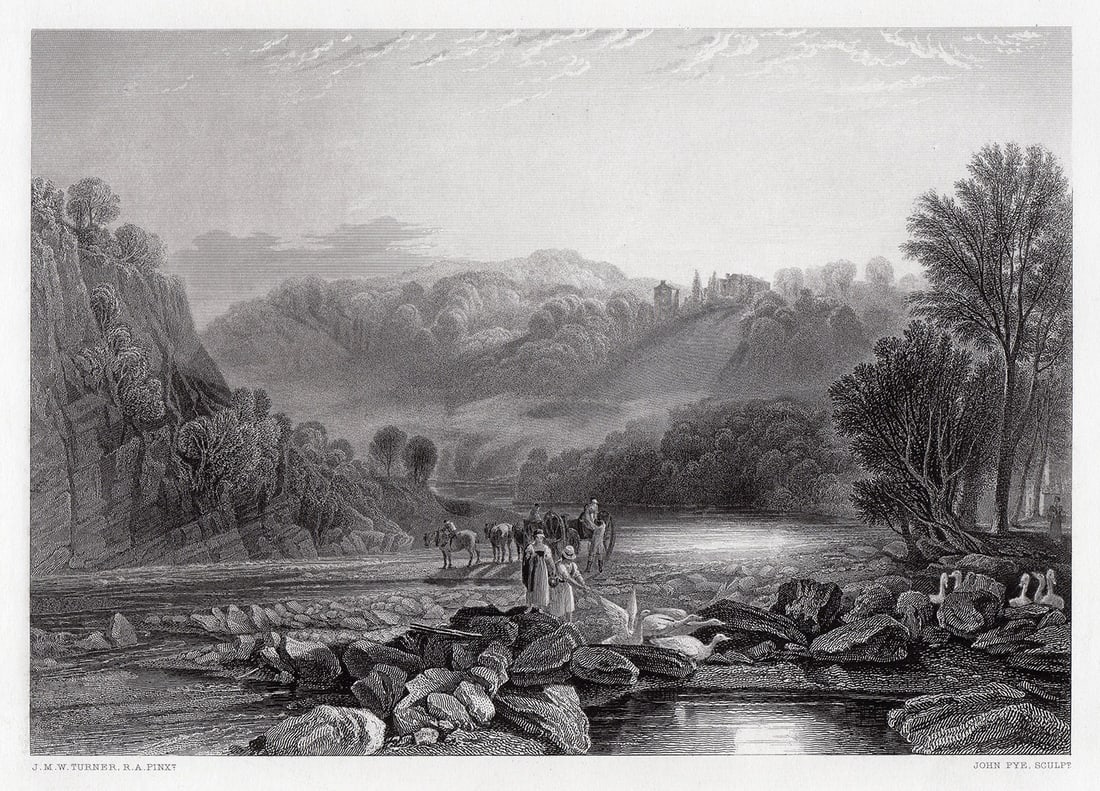 Joseph Mallord William Turner Wycliffe, near Rokeby c.1874 engraving: Joseph Mallord William Turner. (English, 1775-1851). Wycliffe, near Rokeby. Antique Steel Engraving on wove paper after the original watercolor on paper by master engraver John Pye (English ,1782 - 18