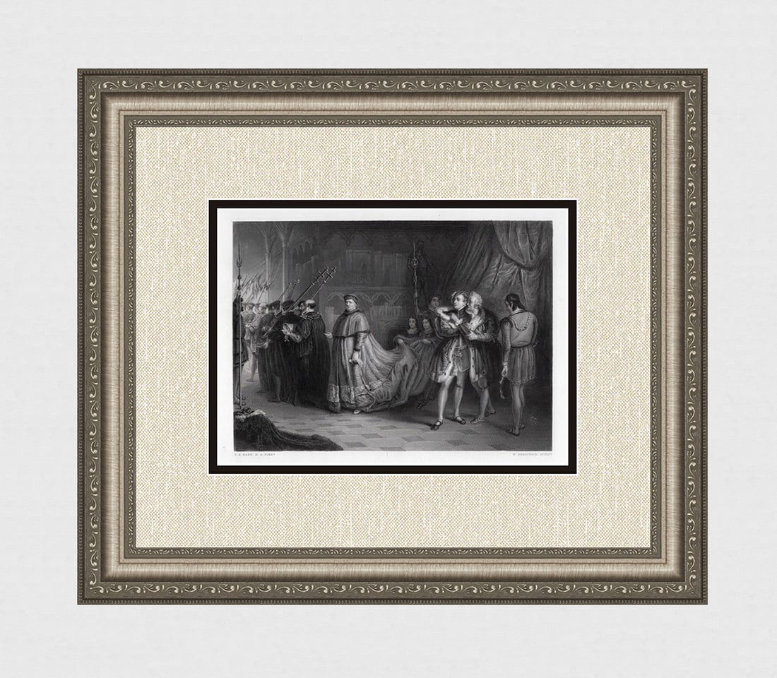 Solomon Hart 1800s Engraving Quarrel of Wolsey and Buckingham FRAMED SIGNED: Solomon Alexander Hart RA (British, 1806 - 1881). The Quarrel of Wolsey and Buckingham. Antique engraving on wove paper after the original by master engraver William Greatbach (British, 1802-1894). Si