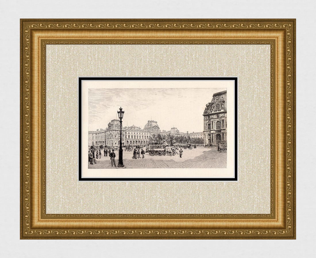 A.P. Martial (Adolphe Theodore Martial Potemont) (1827-1883) The Louvre 1883 etching: A.P. Martial (Adolphe Theodore Martial Potemont) (1827-1883). The Louvre. Original etching on thick laid paper. 1883. Excellent. Image Size 7 x 11 1/4 inches. Approximately 16 x 20 inches. This piece