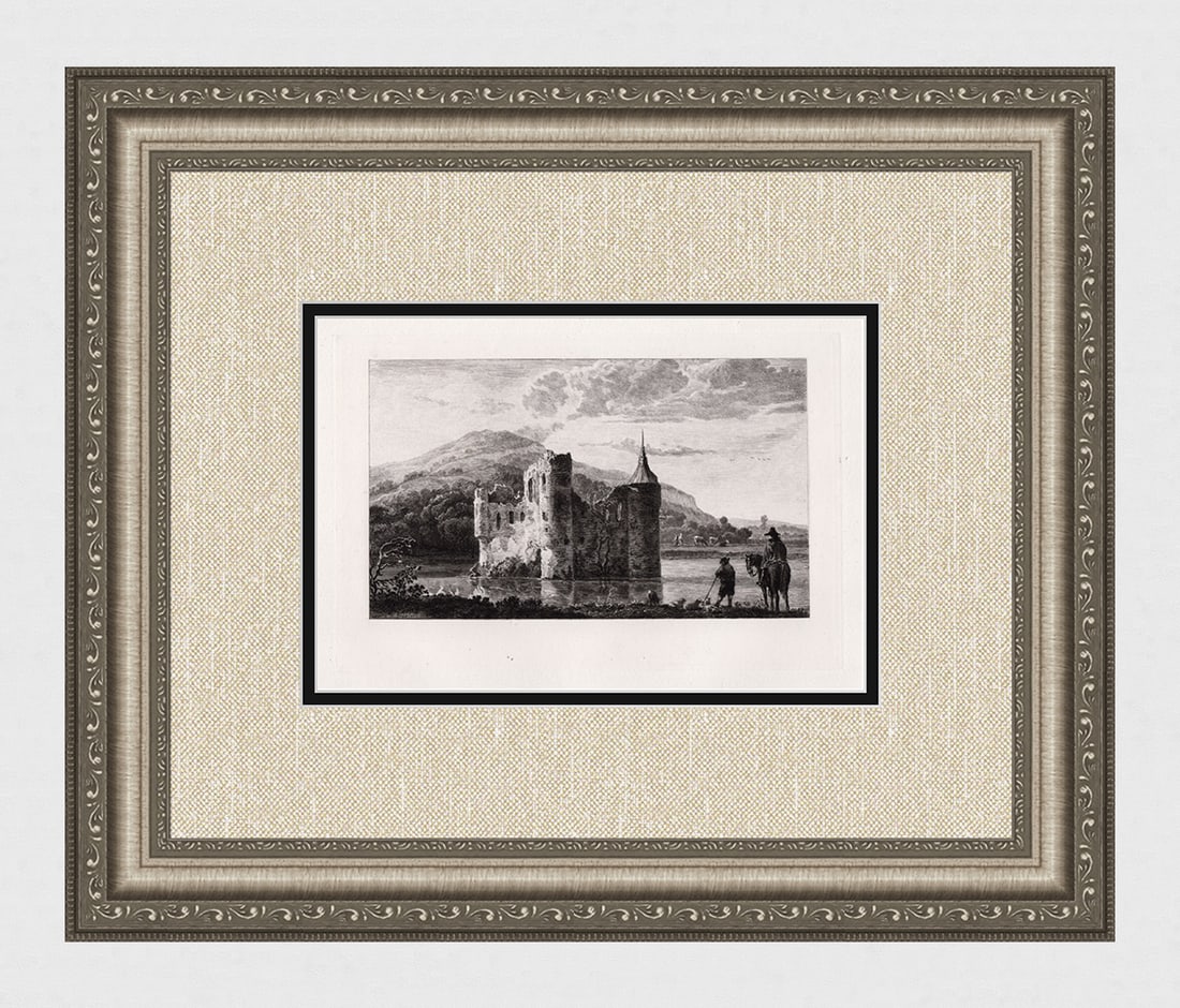 1874 Aelbert Jacobsz Cuyp Ruined Castle on a Lake etching signed: Aelbert Jacobsz Cuyp. (Dutch, 1620-1691). Ruined Castle on a Lake. Antique Etching on wove paper after the original by master etcher Alfred Louis Brunet Debaines, (French,1845-1939). 1874. Signed in t