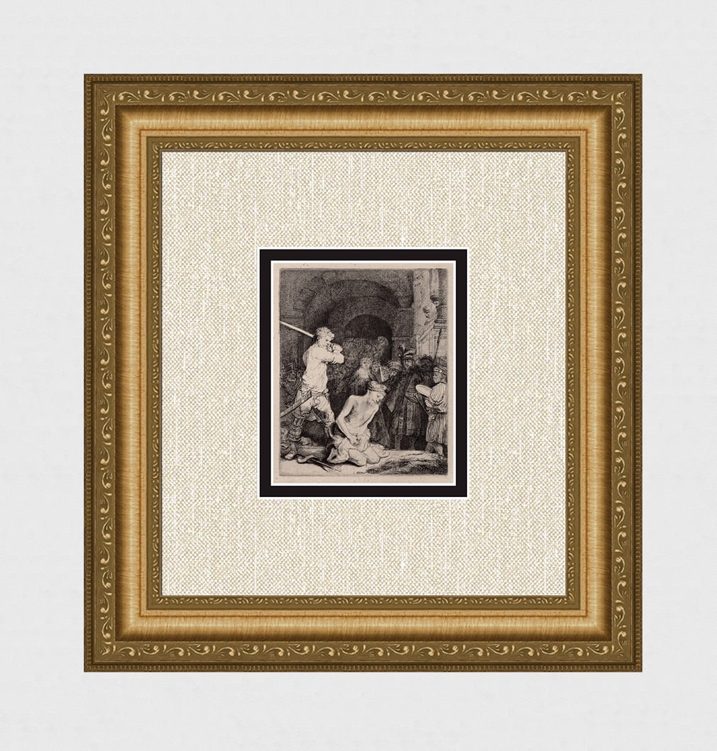 1800s REMBRANDT B92 Etching Beheading of St. John the Baptist Durand: After Rembrandt Harmenszoon Van Rijn (1606-1669). Title: The Beheading of Saint John the Baptist. Medium: Antique hand pulled copper plate etching on laid paper after the original by master etcher Ama