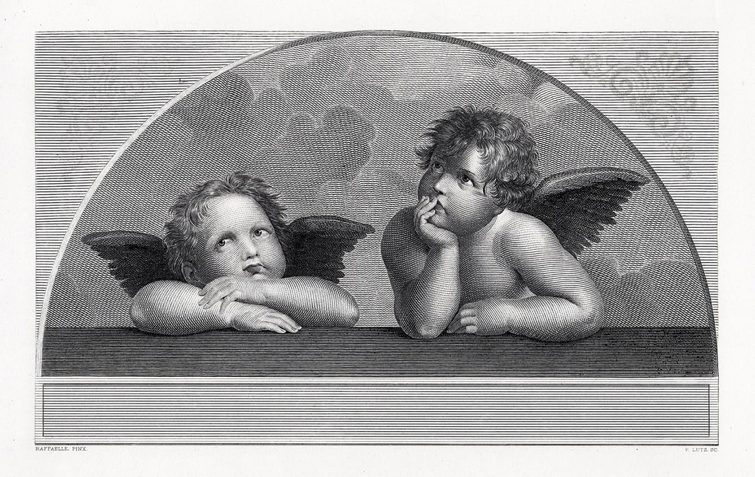 1800's Raphael Engraving The Cherubs Framed Signed: Raphael (Italian, 1483-1520). The Cherubs. Antique engraving on wove paper after the original drawing by master engraver F. Lutz. Signed in the plate. Year: 1886. Sight size 7 1/4 x 10 3/8 inches. Fra