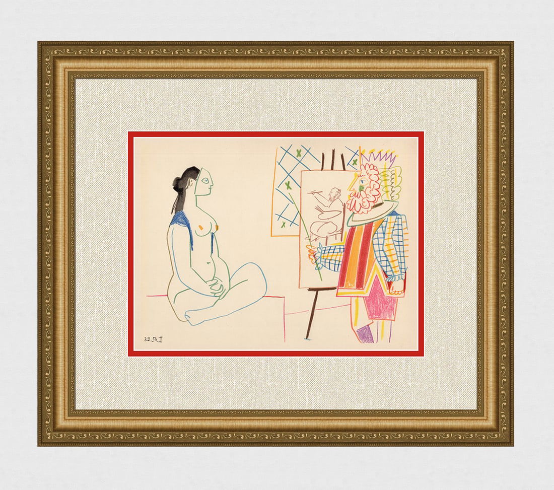 Pablo Picasso 1954 Artist and Model Color Lithograph Framed: Pablo Picasso (1881 - 1973). "La Comedie Humaine 3.2.54 II". 1954 Color Lithograph on wove paper after the crayon drawing. Dated in the plate, lower left. Lithography executed by Mourlot. Published by