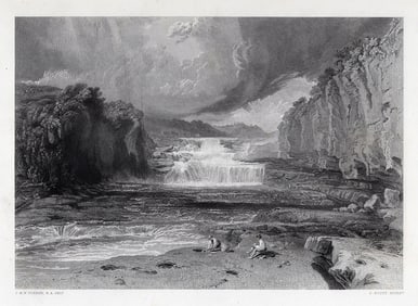 WILLIAM TURNER 1800s Engraving Aysgarth Force, England FRAMED Signed