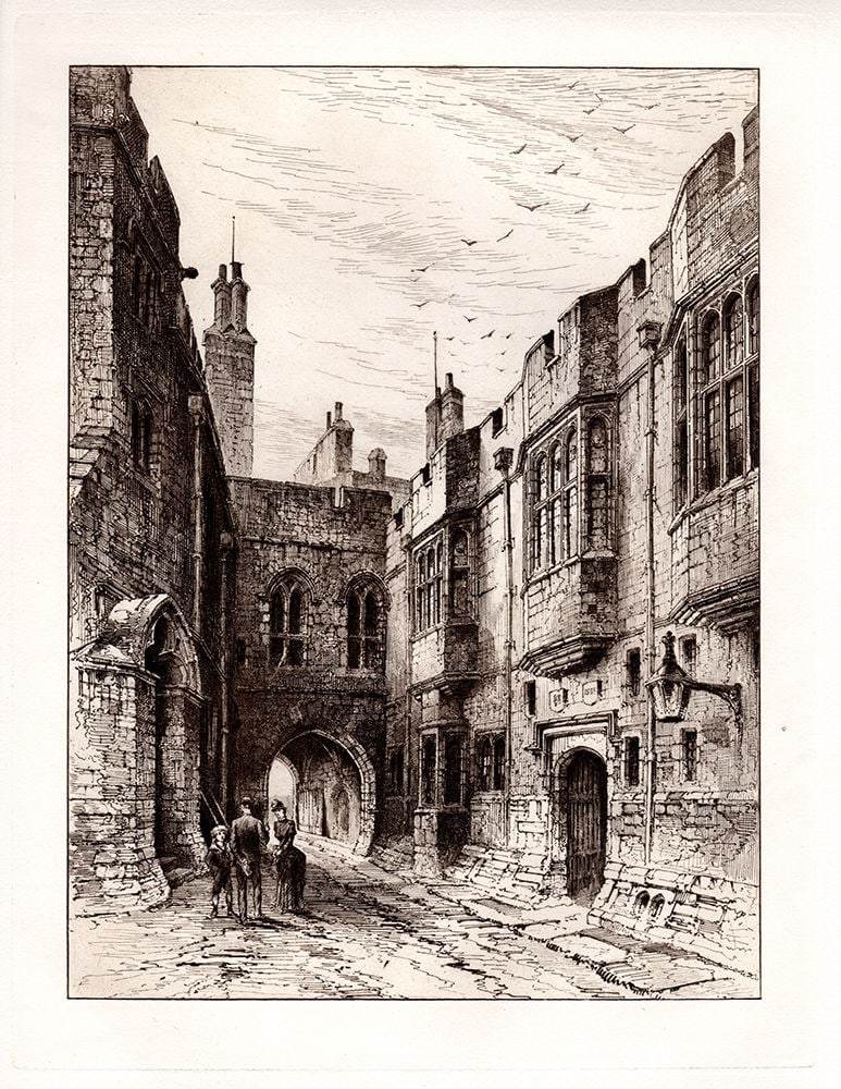 Herbert Railton Norman Gateway, Windsor Castle 1886 etching: Herbert Railton. (English, 1857-1910). Norman Gateway, Windsor Castle. Antique Hand Pulled copper plate etching on laid paper. 1886. Excellent. Image Size 6 1/4 x 8 1/2 inches. Approximately 15 x 18 i