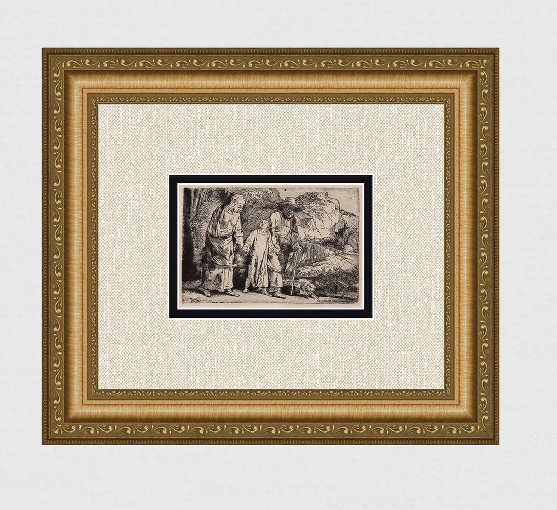 1800s REMBRANDT B60 Etching SIGNED Christ Returning From the Temple with Parents Durand: After Rembrandt Harmenszoon Van Rijn (1606-1669). Title: Christ Returning From the Temple with his Parents. Medium: Antique hand pulled copper plate etching on laid paper after the original by master