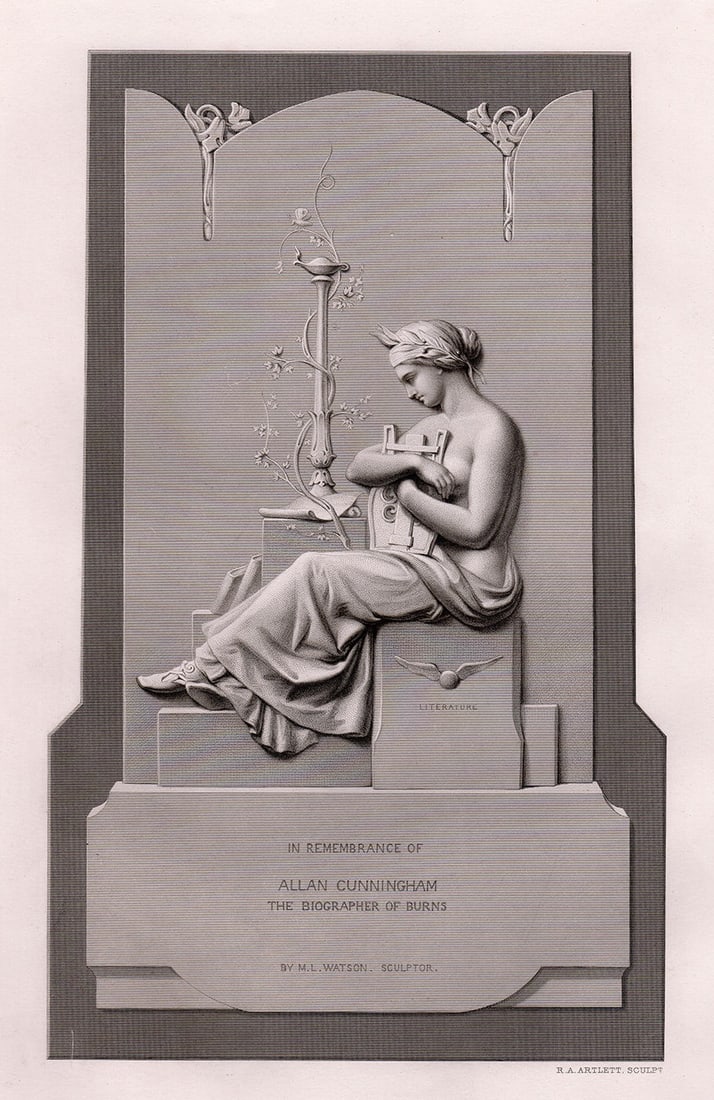 Musgrave Lewthwaite Watson Allan Cunningham's Monument 1869 engraving: Musgrave Lewthwaite Watson. (English,1804-1847). Allan Cunningham's Monument. Antique engraving on wove paper after the original Monument by master engraver Richard Austin Artlett (English, 1807-1873)