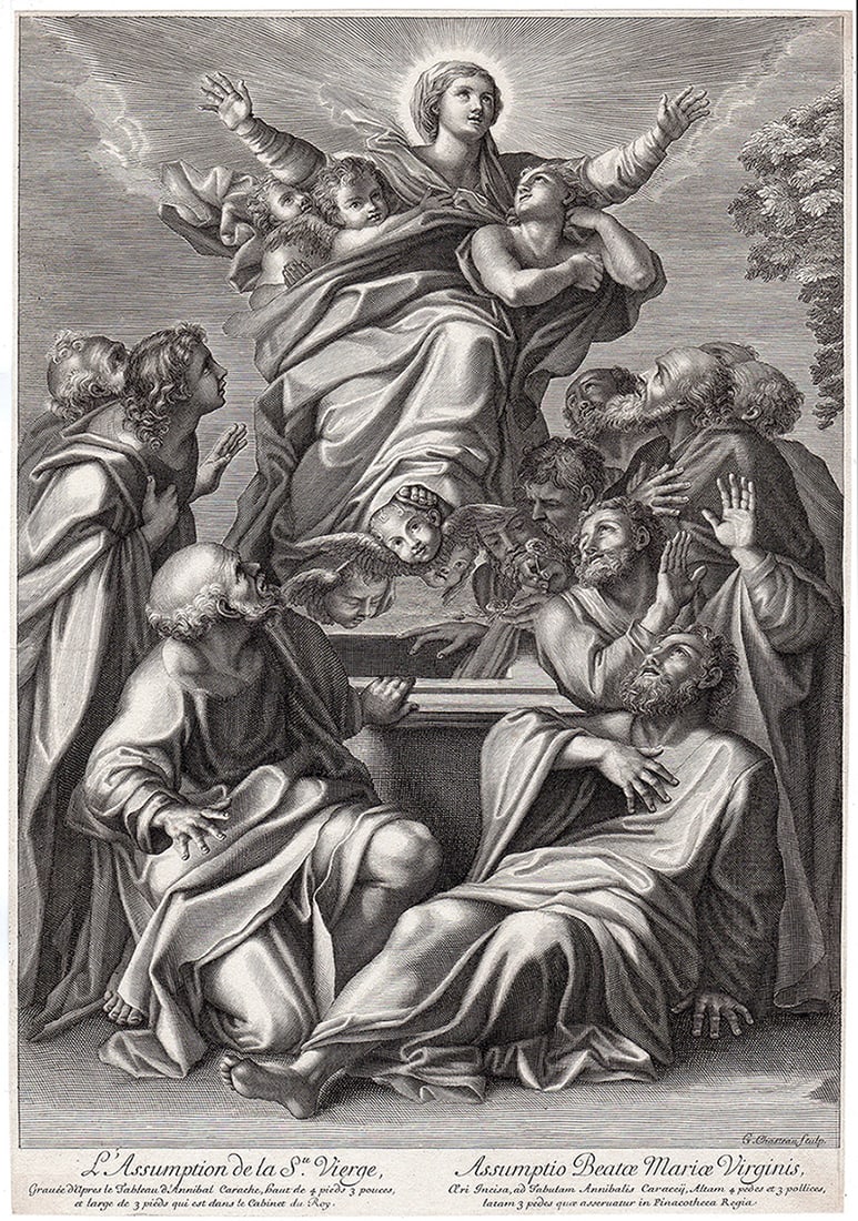 Annibale Carracci Assumption of the Virgin 1673 Engraving: Annibale Carracci (1506 - 1609, Italian). The Assumption of the Virgin. Antique engraving on laid paper after the original by master etcher/engraver Guillaume Chasteau (1635 - 1683). Year: 1673. Signe