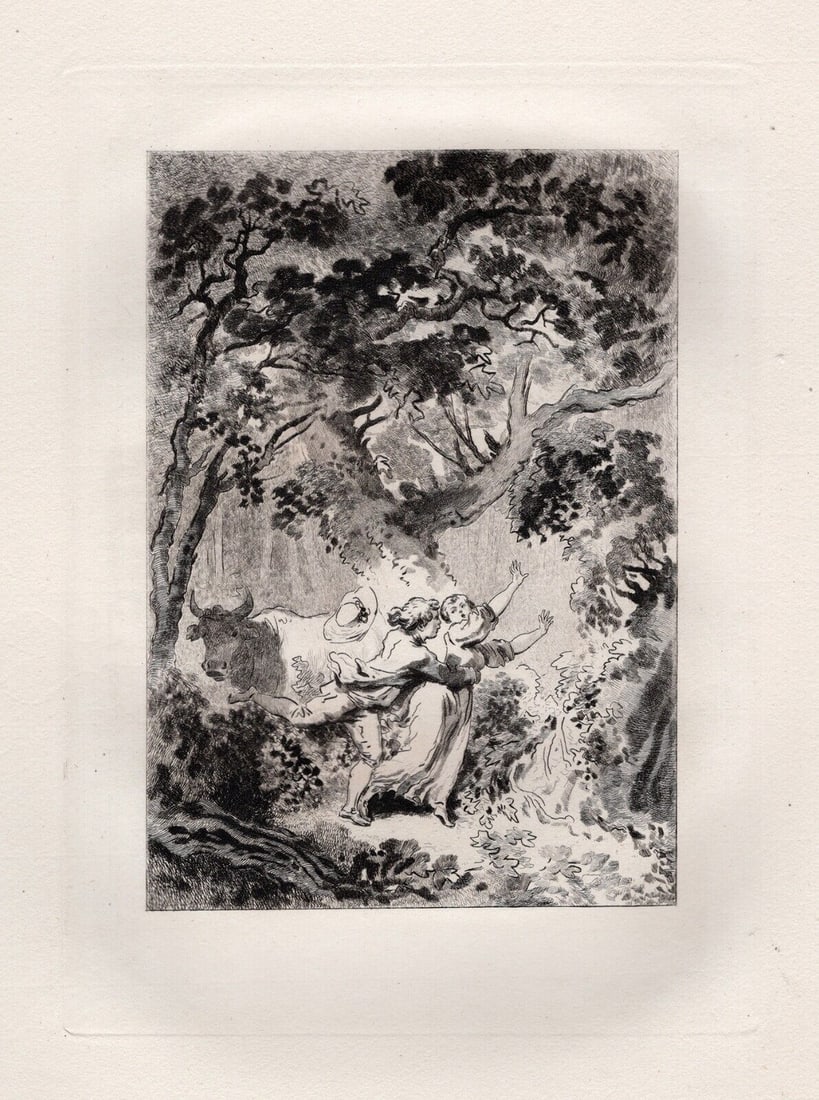 1800s LIMITED Jean-Honore FRAGONARD Etching La clochette FRAMED: Jean-Honore Fragonard (French, 1732 - 1806). The Cowbell (La clochette) (Le Gascon Puni) (from Conte de La Fontaine). Antique etching on laid paper after the original by master engraver Adolphe Martia