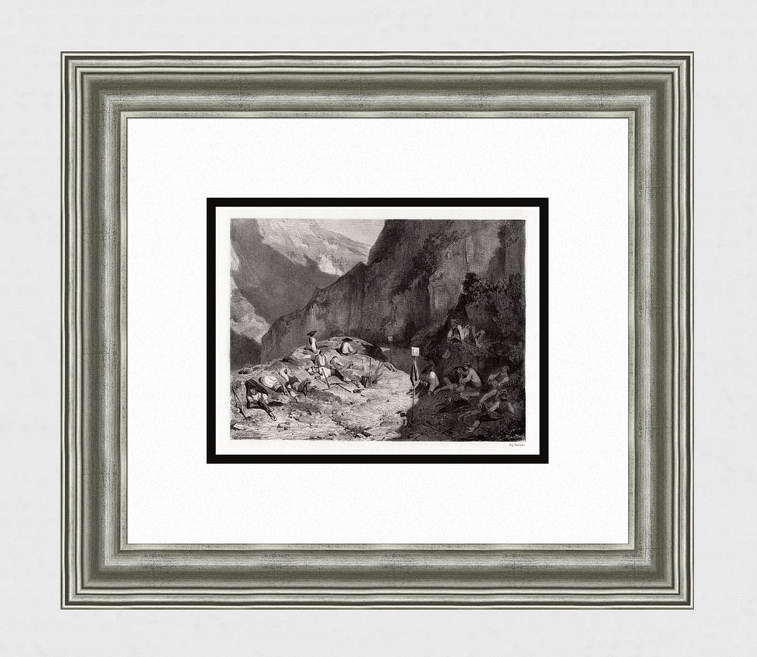 Adolphe Leleux 1844 Lithograph Framed Cantonniers (Navarre): Adolphe Pierre Leleux (French, 1812 - 1891). Cantonniers (Navarre). Antique lithograph on wove paper after the original by a master lithographer. Year: 1844. Signed in the plate. Image size 6 3/8 x 8