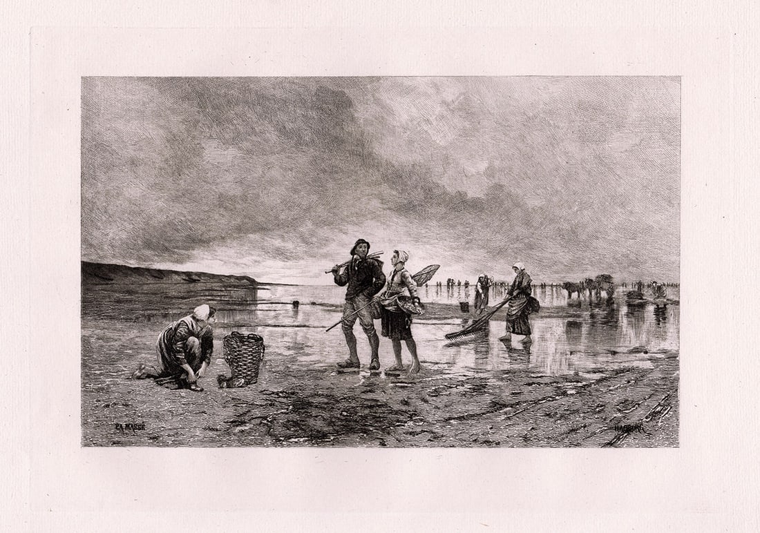 1885 August Hagborg Low Tide in the Channel etching signed: August Hagborg. (Swedish, 1852-1921). Low Tide in the Channel. Antique Etching on laid paper after the original by master etcher A. Masse. 1885. Signed in the plate. Excellent. Image Size 8 x 11 5/8 i