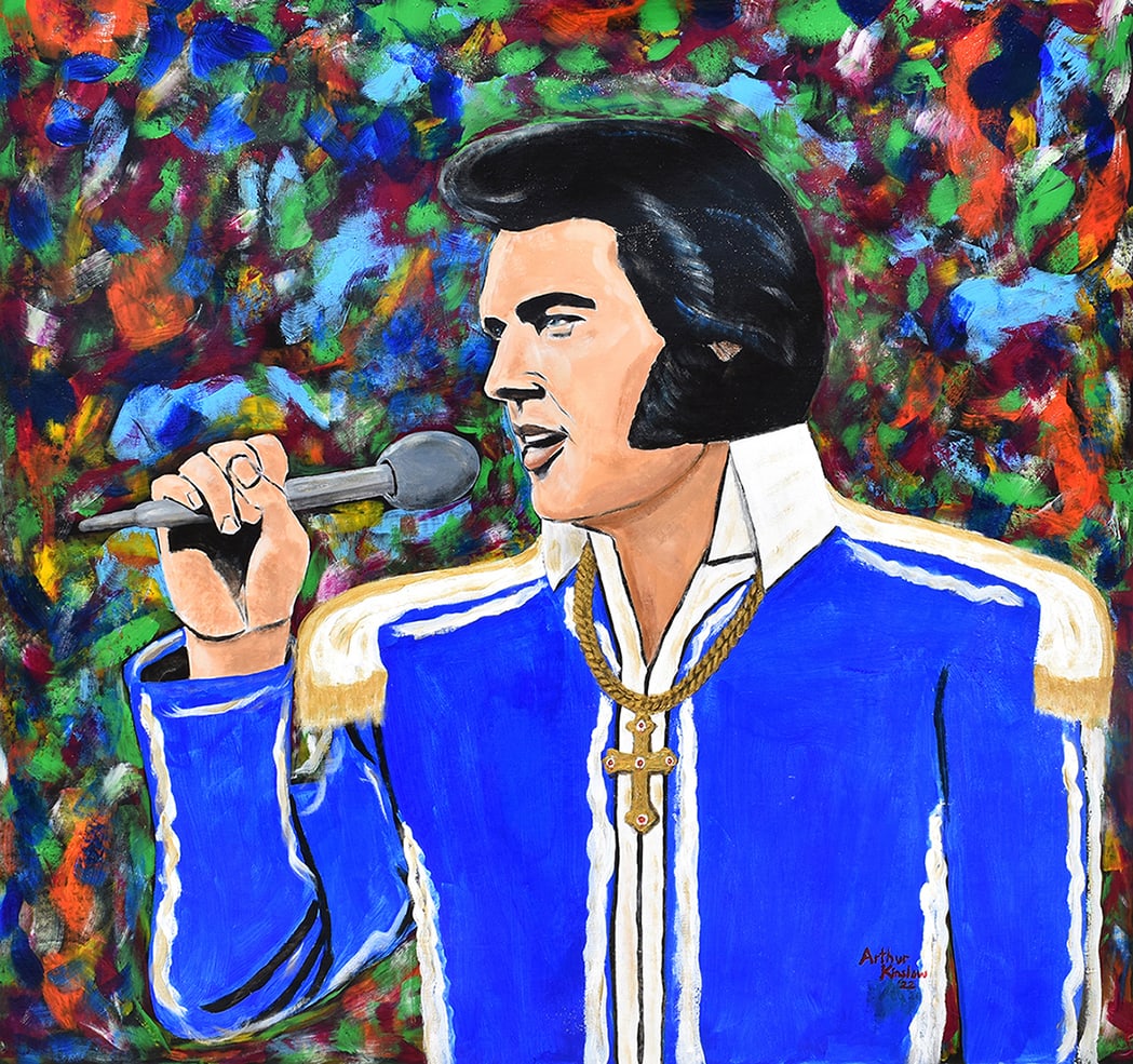 Arthur Kinslow Original Abstract Painting Elvis 53 x 57: Arthur Kinslow ( American, 1955 - ) (Elvis) - Just Another Good Ole Country Boy. Original Acrylic on Canvas.Signed by the artist lower right. Canvas Size 53 x 57 inches. Arthur Kinslow has been involv