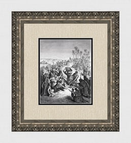 1800s GUSTAVE DORE SIGNED Biblical Woodcut Christ Feeding the Multitude FRAMED
