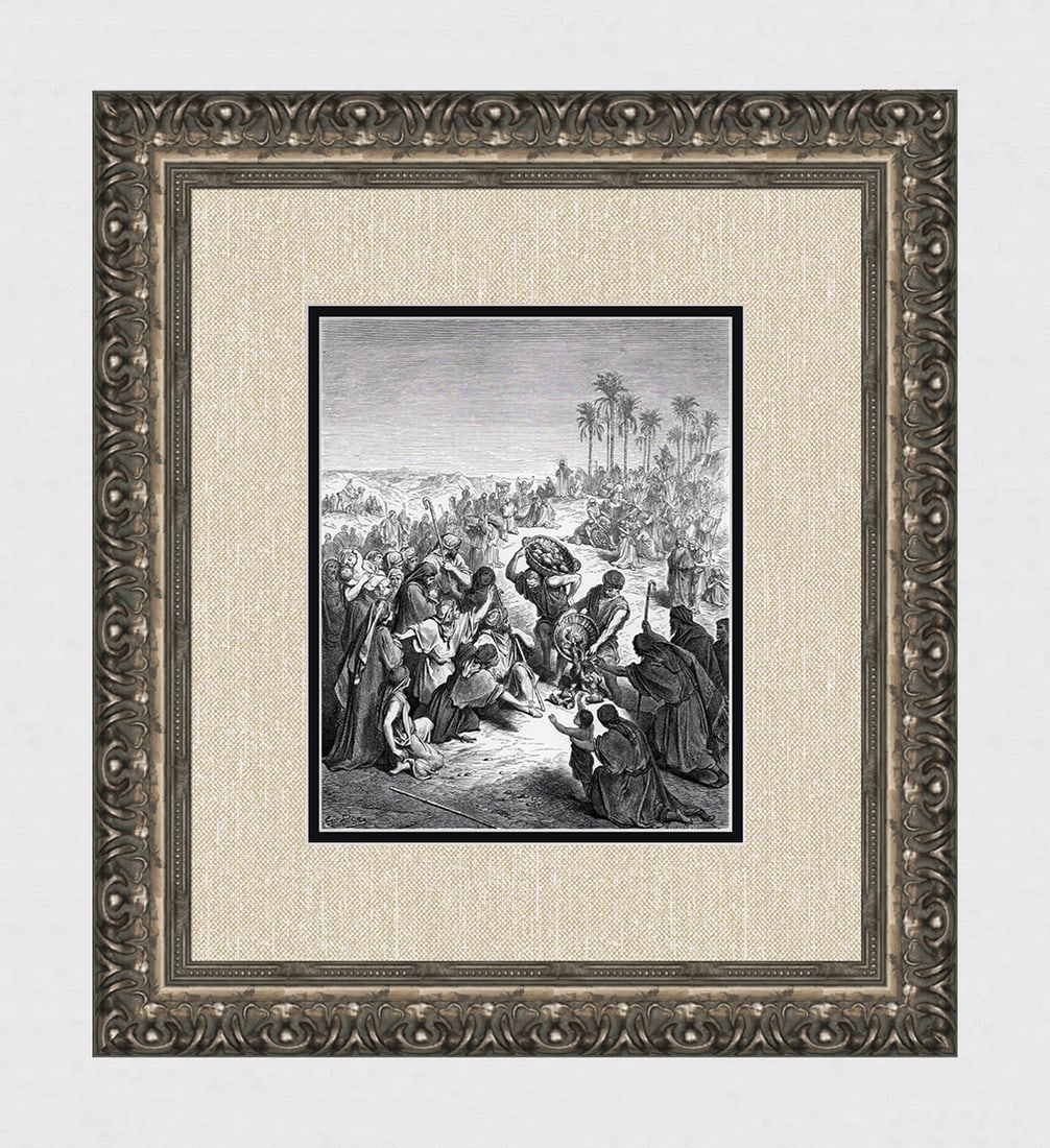 1800s GUSTAVE DORE SIGNED Biblical Woodcut Christ Feeding the Multitude FRAMED: Gustave Dore (Paul Gustave Louis Christophe Dore) (French, 1832-1883). Christ Feeding the Multitude (from Dore's Bible). Antique woodcut wove paper after the original by a master wood engraver L. Four
