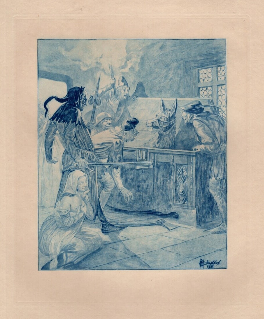 Framed Edmond Malassis Engraving Capturing the Donkey Signed Limited: Edmond Malassis (French, 1874 – 1944). Capturing the Donkey I (Capturer l'âne I) (Cent Nouvelles Nouvelles). Vintage copper plate engraving in blue ink on Velin paper after the original by master e