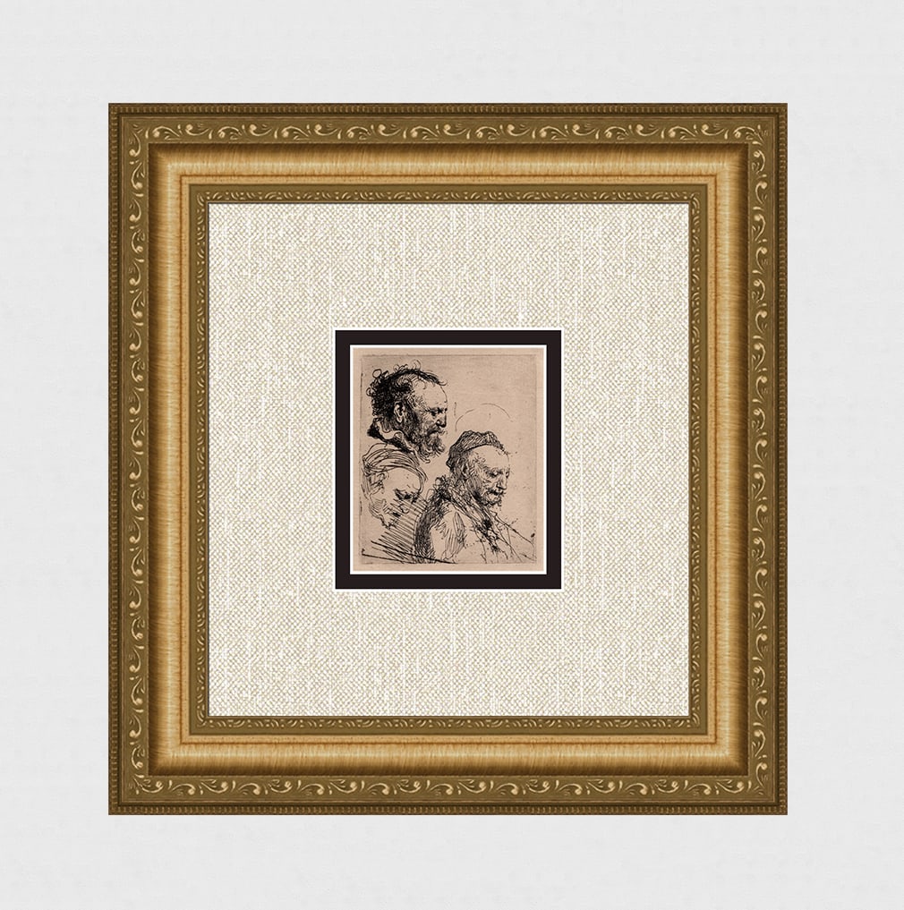 1800s Rembrandt Etching B374 Three Studies of Old Men's Heads DURAND Original Framed: After Rembrandt Harmenszoon Van Rijn (1606-1669). Three Studies of Old Men's Heads. Antique hand pulled copper plate etching on laid paper after the original by master etcher Amand Durand (1831 - 1905