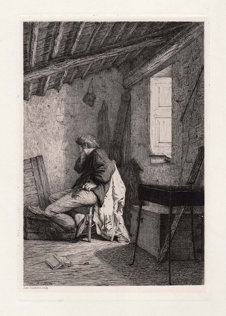 1870 Saro Cucinotta Discouragement etching signed: Saro Cucinotta. (Italian, 1830-1871). Discouragement. Original Hand pulled copper plate etching on wove paper. 1870. Signed in the plate, lower left. Excellent. Image Size 6 1/4 x 9 3/8 inches. Approx