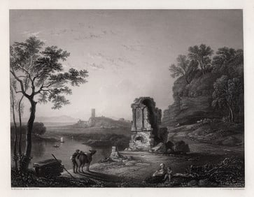 RICHARD WILSON 1800s Engraving The Ruined Castle Temple SIGNED Framed
