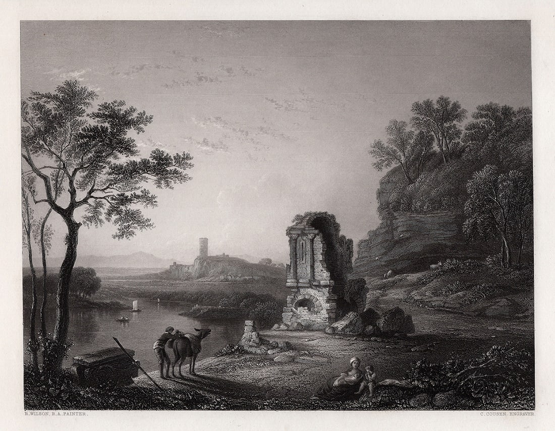 RICHARD WILSON 1800s Engraving The Ruined Castle Temple SIGNED Framed: Richard Wilson (Welsh, 1714 – 1782). The Ruined Temple. Antique engraving on wove paper after the original by master engraver Charles Cousen (British, c. 1819-1889). Year: 1854. Signed in the plate.