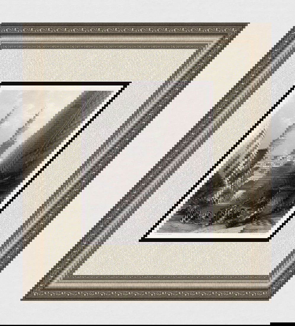 1800s DAVID ROBERTS Antique Engraving "The Gates of Cairo" Framed Signed: David Roberts (Scottish, 1796 - 1864). Gate of the Metwaleys - Cairo. Antique engraving on wove paper after the original by master engraver Ebenezer Challis (British, 1836-1864 fl.). Year: 1855. Dimen