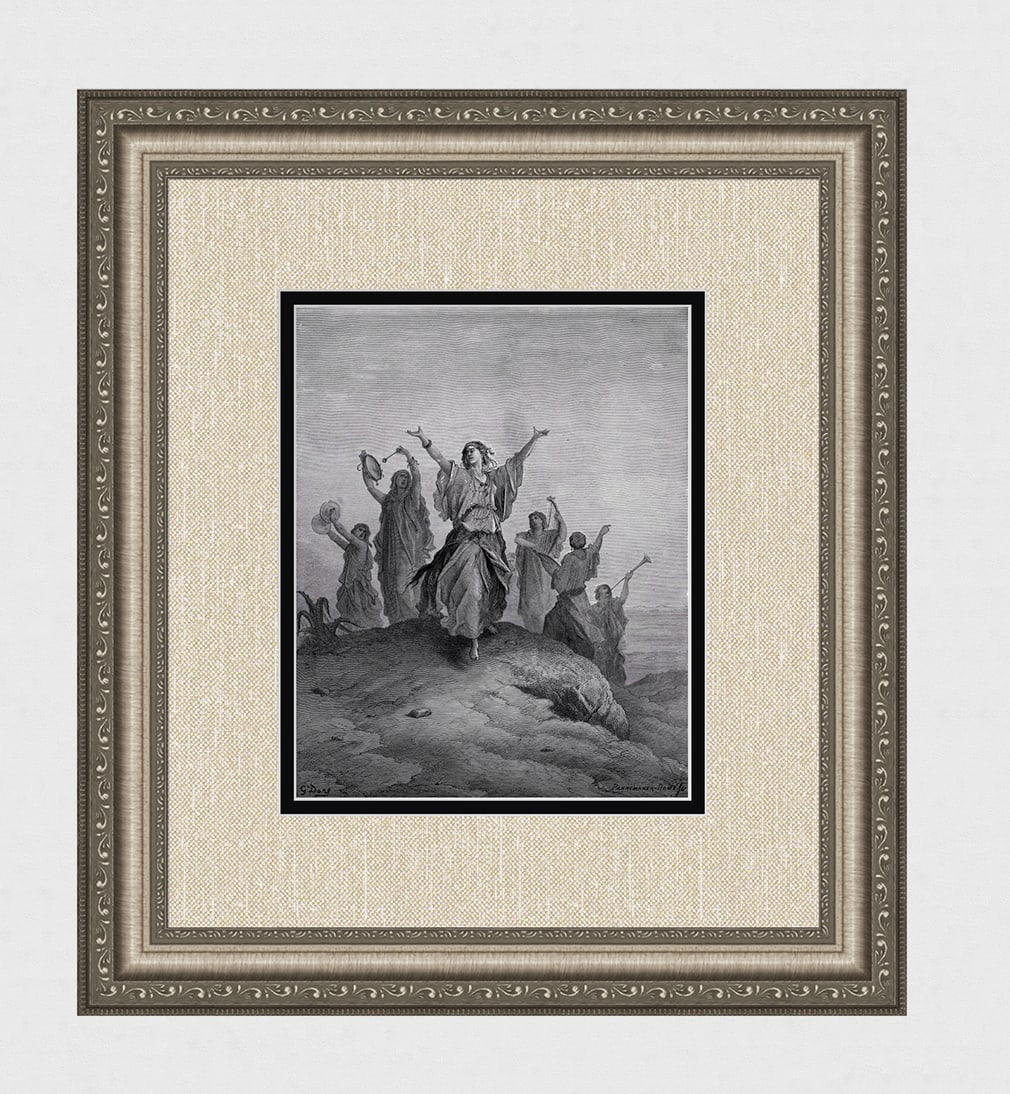 DORE 1800s Religious Woodcut "Jephthah's Daughter " SIGNED Framed: Gustave Dore (Paul Gustave Louis Christophe Dore) (French, 1832-1883). Jephthah's Daughter Coming to meet her Father (from Dore's Bible). Antique woodcut wove paper after the original by master wood e