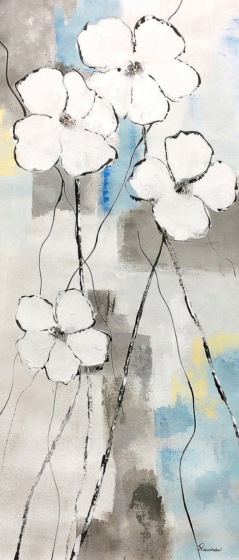 Gudrun Newman Original Painting Flower in Bloom II 16 x 40 inches: Gudrun Newman. "Flowers in Bloom II". Original Mixed Media painting on canvas. Signed by the Artist. Canvas Size 16 x 40 inches. Gudrun Newman is one of the most successful contemporary artists to eme