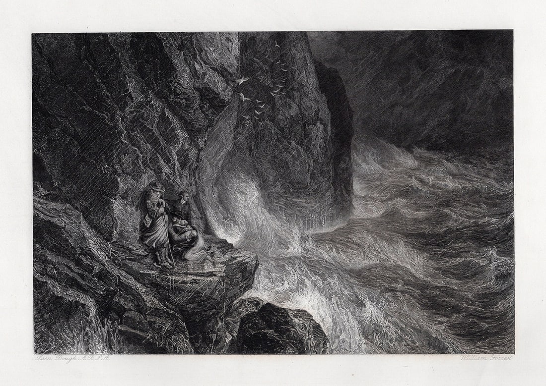 SAMUEL BOUGH SIGNED 1800s Engraving Shelter from the the Storm FRAMED: Samuel Bough (English,1822-1878). The Storm. Antique Engraving on wove paper by master engraver William Forrest (British, 1805-1899). Year: 1867. Signed in the plate.Image size 6 7/8 x 10 inches. Fram