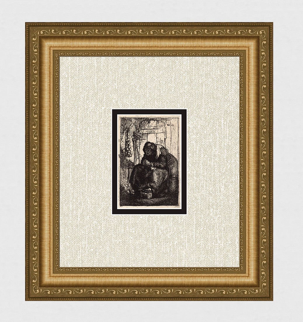 REMBRANDT SIGNED 1800S Etching B134 Old Woman with Onions DURAND: After Rembrandt Harmenszoon Van Rijn (1606-1669). Old Woman with a String of Onions. Antique hand pulled copper plate etching on laid paper after the original by master etcher Amand Durand (1831 - 190