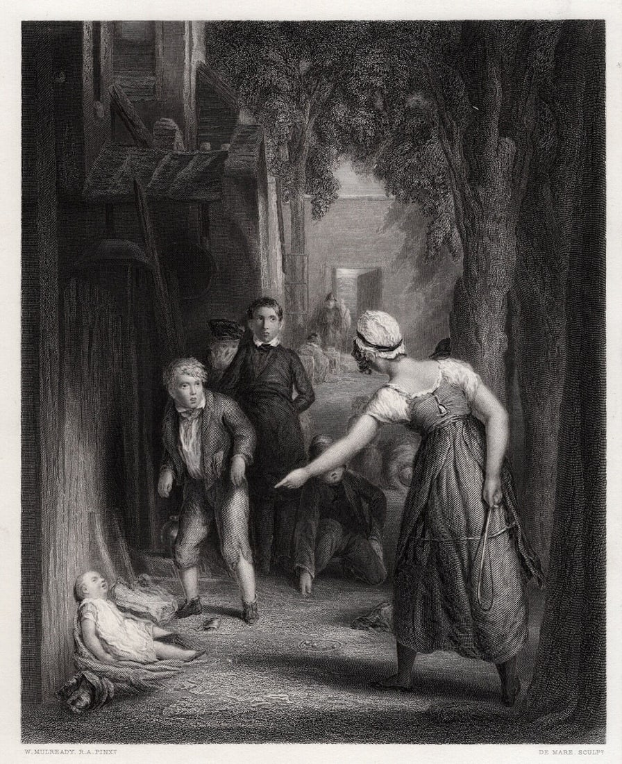 FRAMED 1800s William MULREADY Engraving "The Negligent Boy" SIGNED: William Mulready (Irish, 1786-1863). The Negligent Boy. Antique engraving on wove paper after the original by master engraver Tiburce de Mare (French, 1840-1900). Year: 1868. Signed in the plate. Dime