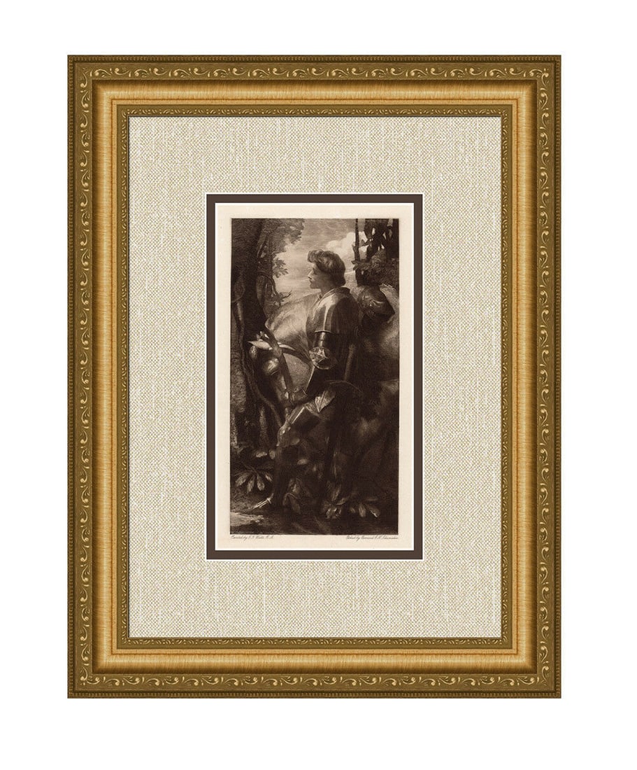 1899 George Frederic Watts Sir Galahad etching signed: George Frederic Watts. (English, 1817-1904). Sir Galahad. Antique etching on thick wove paper after the original oil on canvas by master etcher Carl Heinrich Bernard Schumacher (German, 1872 - 1932).