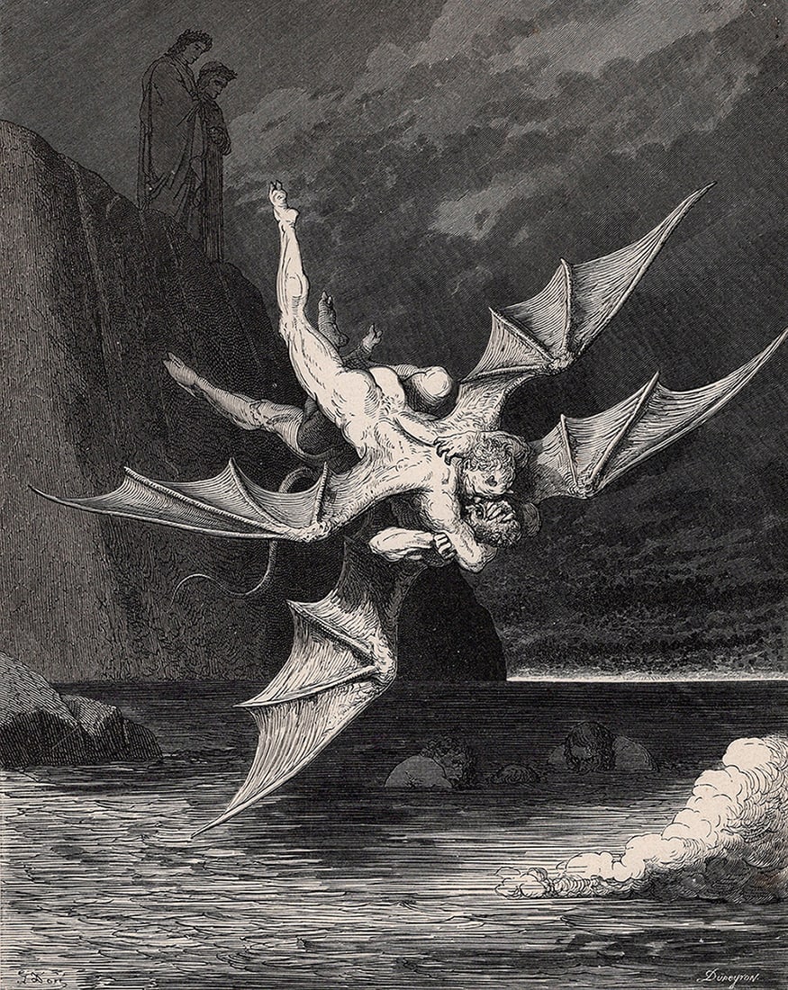 Gustave Dore Winged Demons (Dante's Divine Comedy Enferno) c. 1880 Woodcut: Gustave Dore (Paul Gustave Louis Christophe Dore) (French, 1832-1883). Chant 22. Calcabrina and Alichino (Dante's Divine Comedy Enferno). Antique woodcut wove paper after the original by master wood e