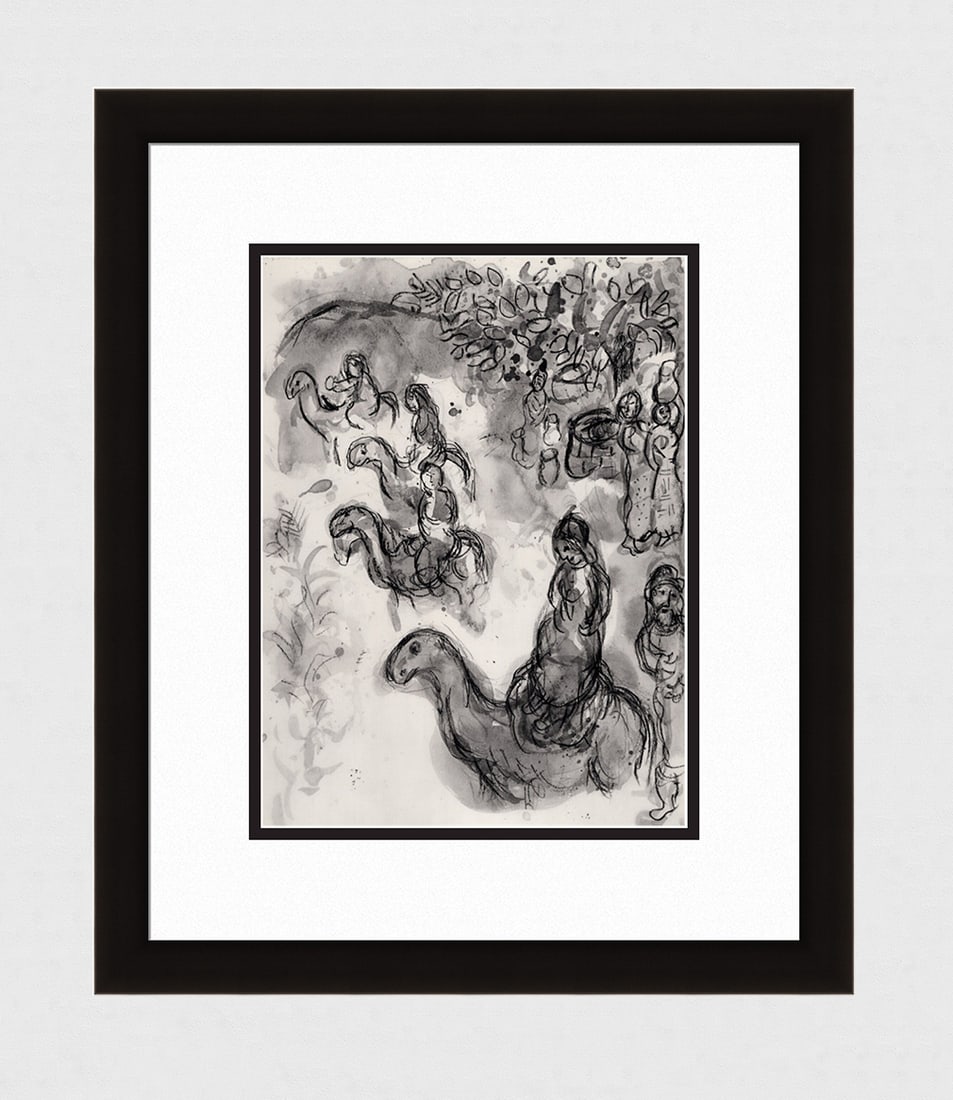 1960 Marc CHAGALL Religious Print "Rebekah Marries Isaac" Framed: Marc Chagall (1887-1985). Rebekah leaves her family to marry Isaac. Antique black and white heliogravure on wove paper. Year: 1960. Teriade. Draeger Freres. Limited to 6500 Examples. Image size 9 3/8