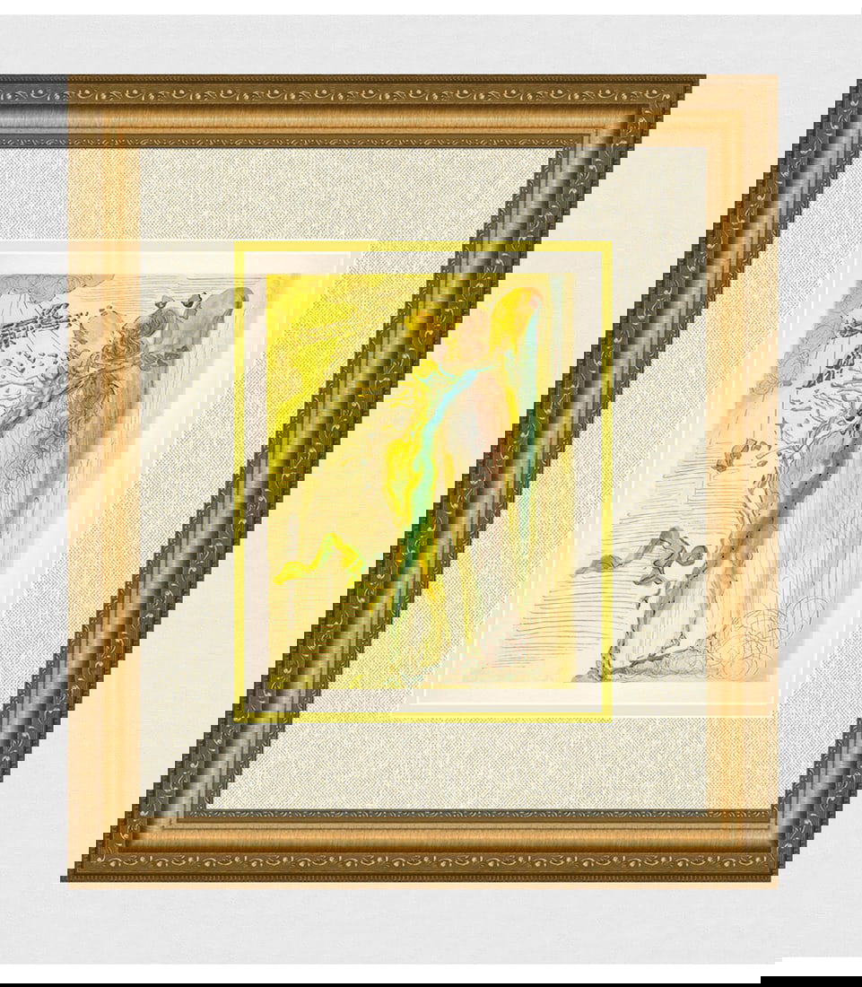 1960 Salvador Dali Glorious Bodies Authentic Woodcut: Salvador Dali. (1904-1989). "The Shine of the Glorious Bodies" Paradise Canto 12. Authentic Original Color Woodcut from The Divine Comedy Printed in 1960 on B.F.K. Rives Paper ( this is not a reproduc