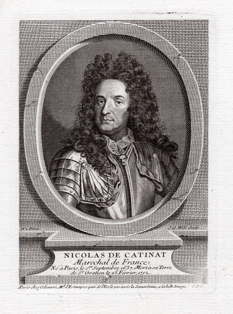 1738 Nicolas de Catinat Self Portrait engraving signed: Nicolas de Catinat. (1637-1712). Self Portrait. Antique Engraving on Laid Paper after the original painting by Master Engraver Johann Georg Wille, (Jean Georges Wille) (German, 1715-1808). 1738. Signe