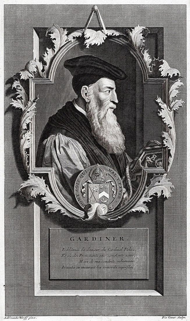 Adriaen van der Werff 1697 Engraving Stephen Gardiner Framed: Adriaen van der Werff (1659 - 1722). Stephen Gardiner, (1482 - 1555), Bishop of Winchester. Antique engraving on laid paper after the original by master engraver Pieter van Gunst (Dutch, 1658/9 - 1731